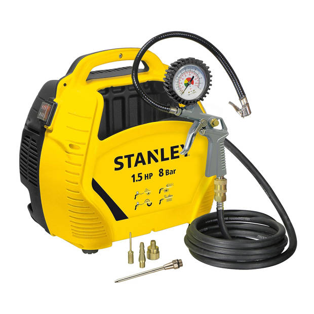 Stanley Compressor 8Bar - Luchtcompressor Olievrij met Luchtgereedschap - Compressoren Set Incl. Luchtslang 3M