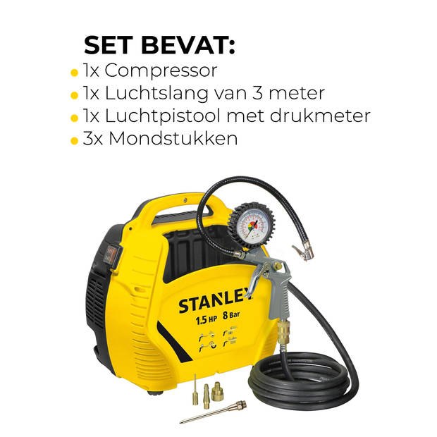 Stanley Compressor 8Bar - Luchtcompressor Olievrij met Luchtgereedschap - Compressoren Set Incl. Luchtslang 3M