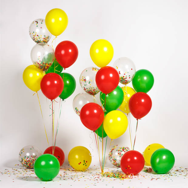 Fissaly® 40 Stuks Rood, Geel & Groen Carnaval Helium Ballonnen met Lint – Versiering Decoratie – Papieren Confetti
