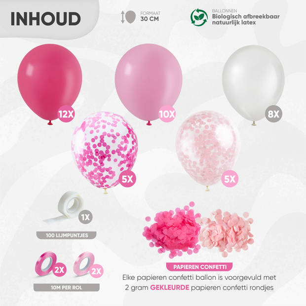 Fissaly® 40 stuks Roze, Wit & Donkerroze Helium Ballonnen met Lint – Versiering Decoratie – Papieren Confetti – Latex