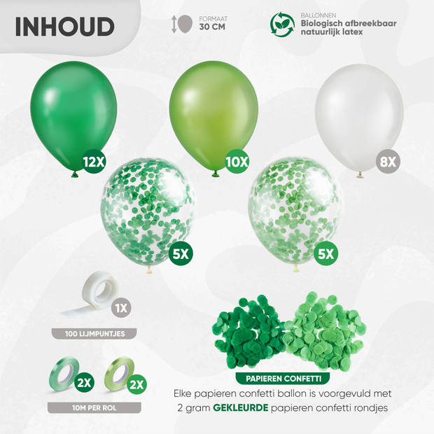 Fissaly® 40 stuks Groen, Wit & Donkergroen Helium Ballonnen met Lint – Versiering Decoratie – Papieren Confetti – Latex