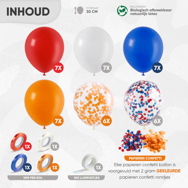 Fissaly® 40 stuks Rood, Wit, Blauw & Oranje Helium Ballonnen met Lint – Koningsdag - Decoratie – Papieren Confetti