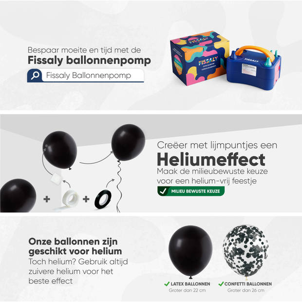 Fissaly® 40 stuks Zwarte Ballonnen met Lint – Verjaardag Versiering Decoratie – Papieren Confetti – Helium - Latex