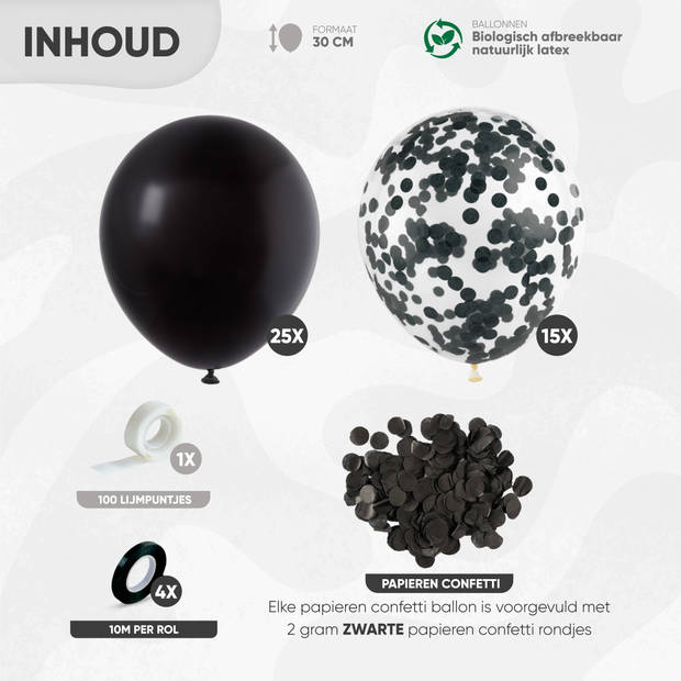 Fissaly® 40 stuks Zwarte Ballonnen met Lint – Verjaardag Versiering Decoratie – Papieren Confetti – Helium - Latex