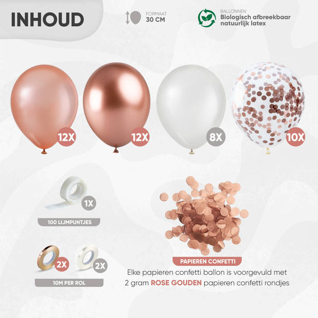 Fissaly® 40 stuks Rose Goud, Wit & Chrome Helium Ballonnen met Lint – Verjaardag Decoratie – Papieren Confetti – Latex