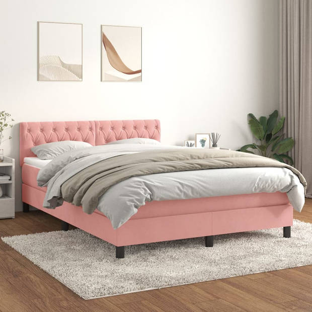 vidaXL Boxspring met matras fluweel roze 140x190 cm