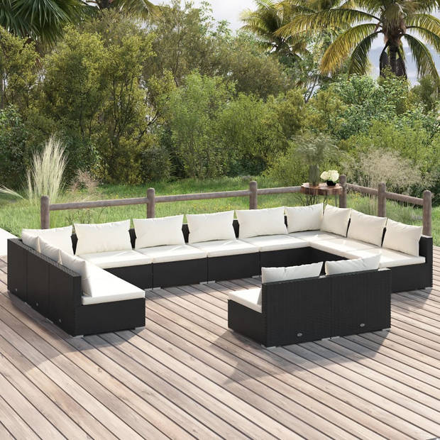 vidaXL 12-delige Loungeset met kussens poly rattan zwart