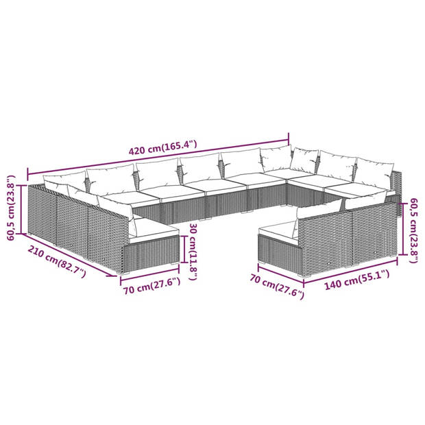 vidaXL 12-delige Loungeset met kussens poly rattan zwart