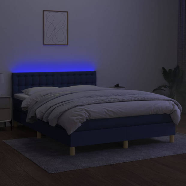 vidaXL Boxspring met matras en LED stof blauw 140x190 cm