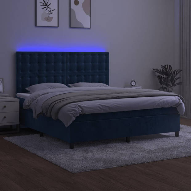 vidaXL Boxspring met matras en LED fluweel donkerblauw 180x200 cm