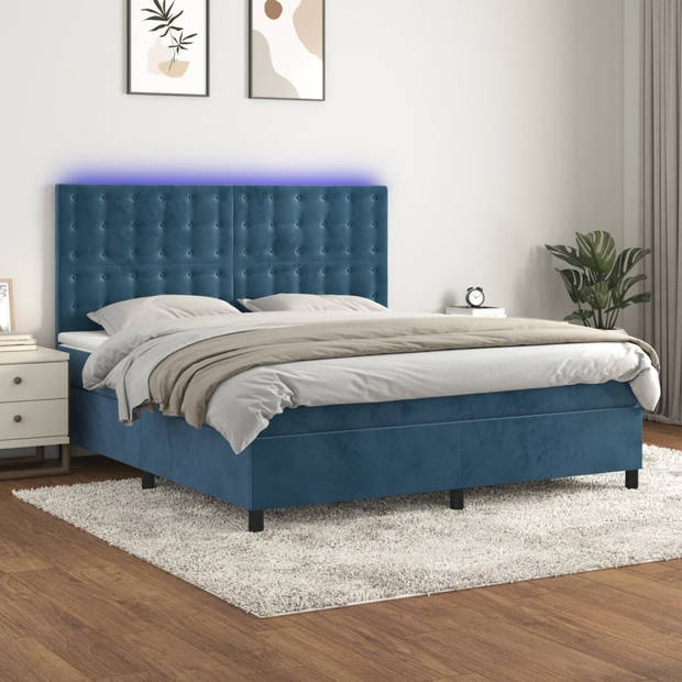 vidaXL Boxspring met matras en LED fluweel donkerblauw 180x200 cm