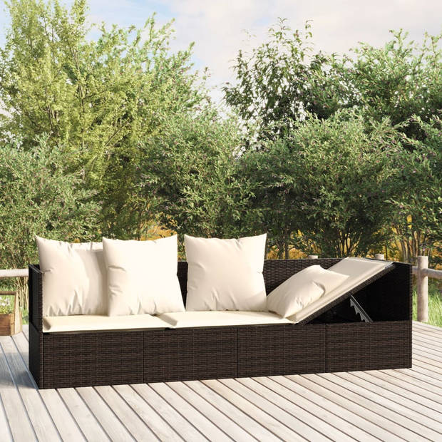 The Living Store Loungebed Polyrattan Bruin - 203x58x56cm - Verstelbaar - Inclusief kussens