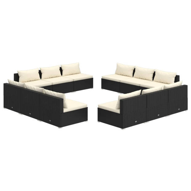 vidaXL 12-delige Loungeset met kussens poly rattan zwart