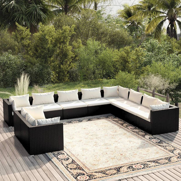 vidaXL 10-delige Loungeset met kussens poly rattan zwart