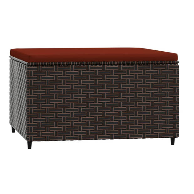 The Living Store Voetenbank Rattan - 55 x 55 x 31 cm - Bruin + Rood kussen