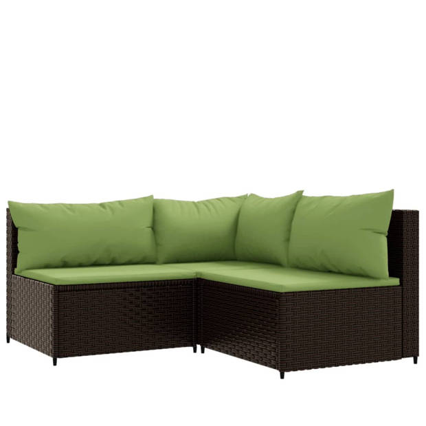 vidaXL 3-delige Loungeset met kussens poly rattan bruin