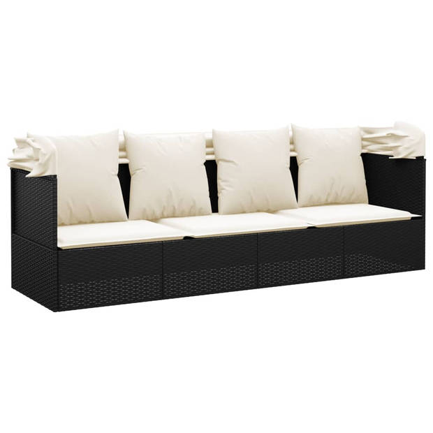 vidaXL Loungebed met luifel en kussens poly rattan zwart