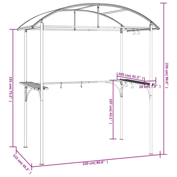 vidaXL Barbecuepaviljoen met zijplanken 220x115x230 cm staal antraciet