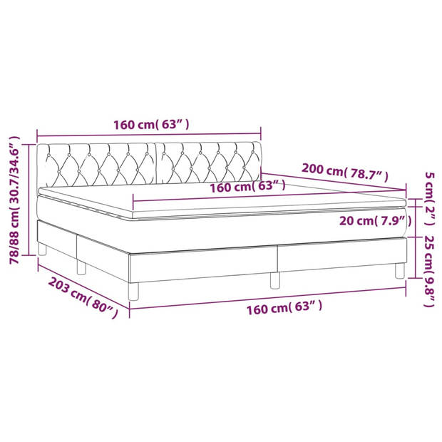 The Living Store Bed LED Boxspring - 160 x 200 cm - Lichtgrijs - Inclusief Matras en Topmatras