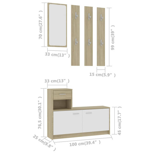 vidaXL Halmeubelset 100x25x76,5 cm bewerkt hout wit en sonoma eiken