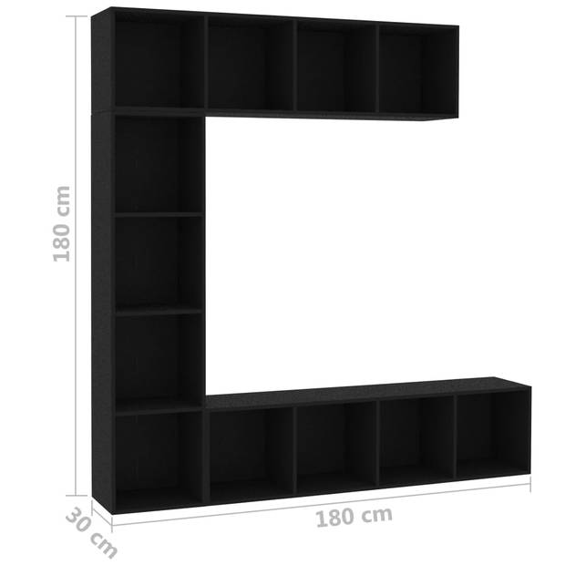 vidaXL 3-delige Boekenkast-/tv-meubelset 180x30x180 cm zwart