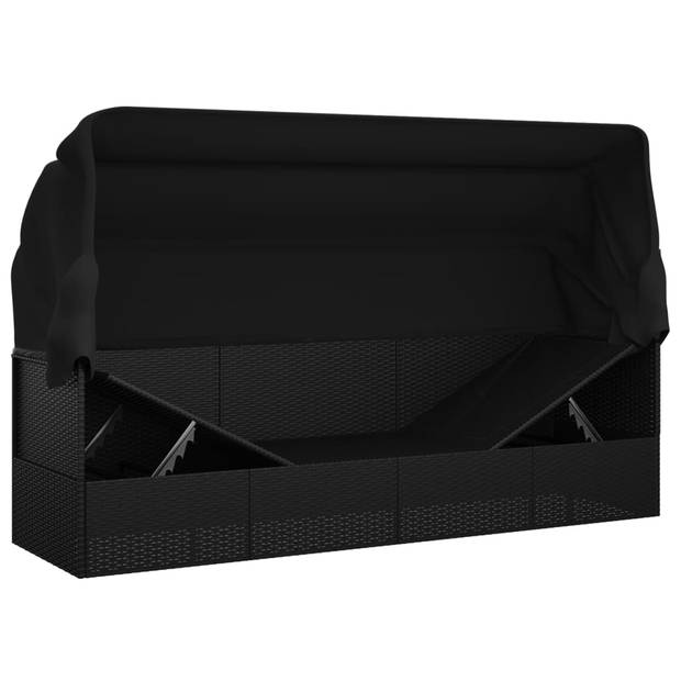 The Living Store Loungebed PE-rattan - 203x58x56 cm - inklapbare luifel - zwart