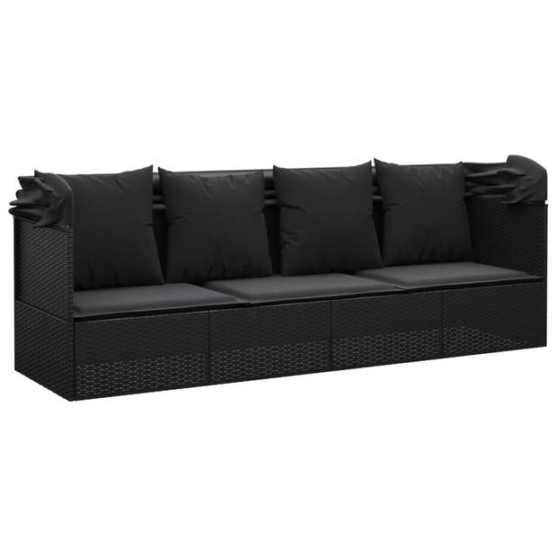 The Living Store Loungebed PE-rattan - 203x58x56 cm - inklapbare luifel - zwart