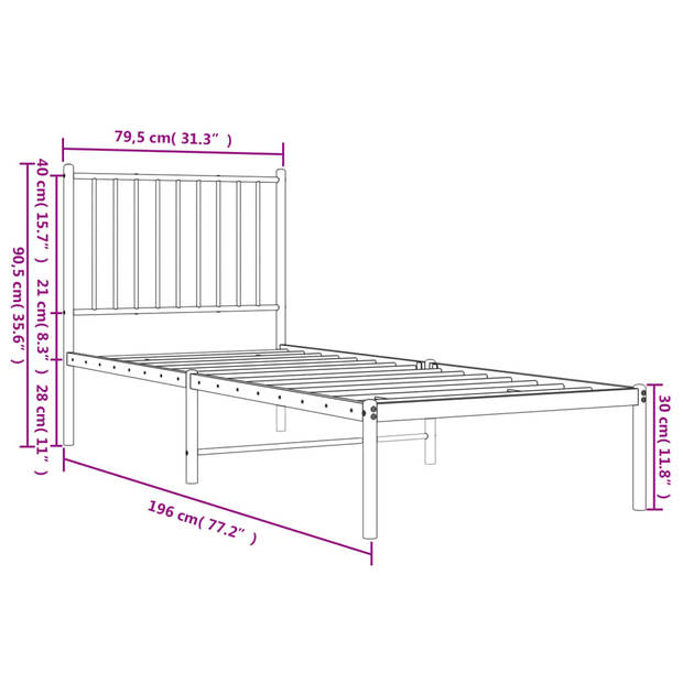 vidaXL Bedframe met hoofdbord metaal wit 75 x 190 cm