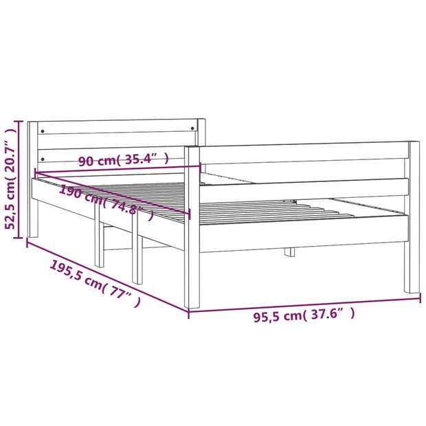 vidaXL Bedframe 90x190 cm massief grenenhout grijs