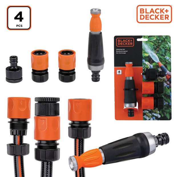 BLACK+DECKER Tuinslangkoppelingen Set van 4 - Tuinslangkoppelingen/ 2x Waterstop/ Tussenstuk - Zwart/ Oranje