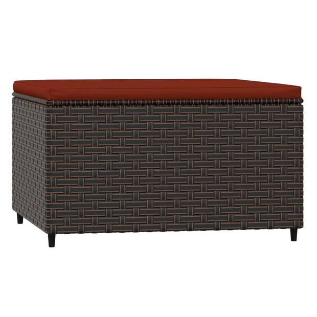 The Living Store Voetenbank Rattan - 55 x 55 x 31 cm - Bruin + Rood kussen