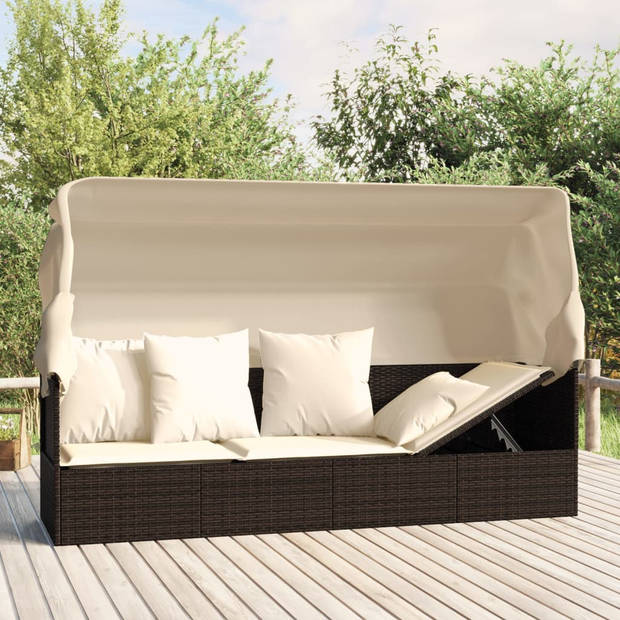 The Living Store Loungeset - Poly Rattan - Met Luifel - Bruin - 203x58x56 cm