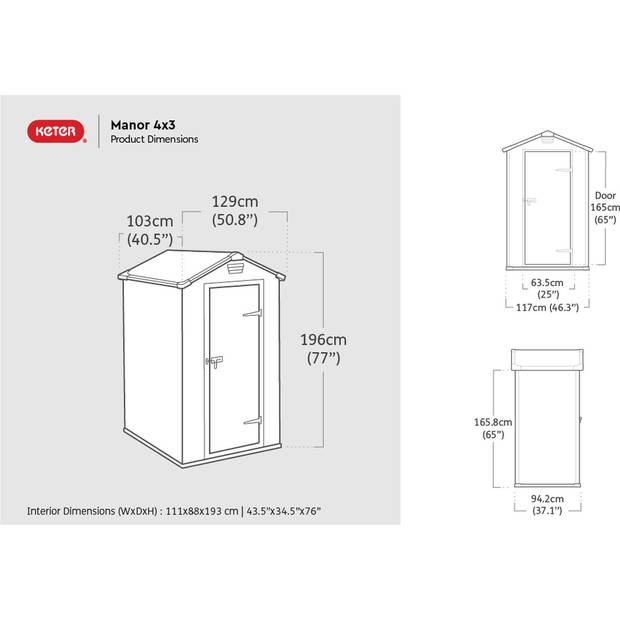 Keter Manor 43 Tuinhuis - 129x103x196 cm - Antraciet