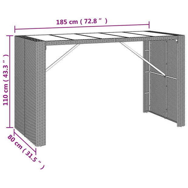 vidaXL Bartafel met glazen blad 185x80x110 cm poly rattan bruin