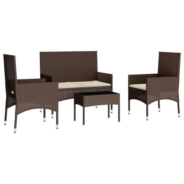 vidaXL 4-delige Loungeset met kussens poly rattan bruin