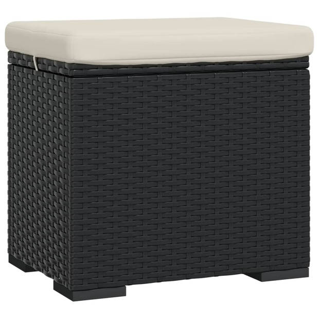 The Living Store Hocker - PE Rattan - Zwart - 40x30x40 cm - Schuimkussen - Crèmewit - Geschikt voor binnen en buiten -