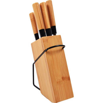 Messenset met blok 5-delig bamboe Messen RVS - koksmes - broodmes -snijmes - schilmes - messenset kopenbamboe