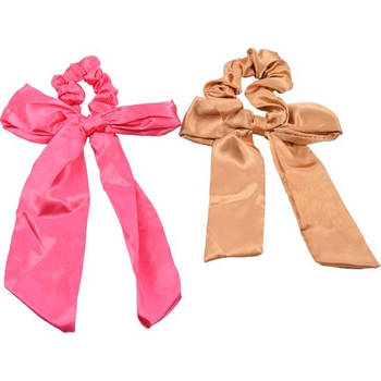 Per 2 stuks Scrunchies voor dames en meisjes haar Roze - bruin Elegante Scrunchie met lintjes - elastische haarband -