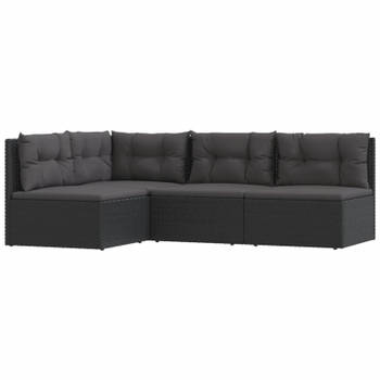 vidaXL 4-delige Loungeset met kussens poly rattan zwart