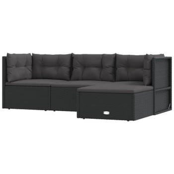 vidaXL 4-delige Loungeset met kussens poly rattan zwart