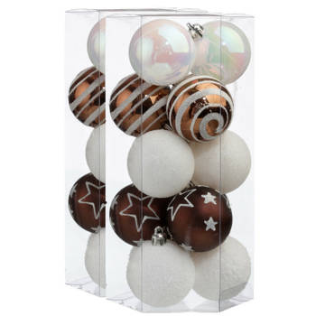 30x stuks kerstballen mix wit/bruin gedecoreerd kunststof 5 cm - Kerstbal