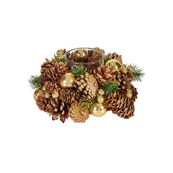 Krist+ kerststukje kaarsenhouder - bruin/goud - 18 cm - Waxinelichtjeshouders