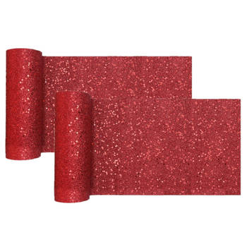 Santex Kerst tafelloper op rol - 2x - rood glitter - 18 x 500 cm - polyester - Tafellakens