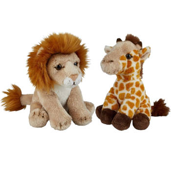 Safari dieren serie pluche knuffels 2x stuks - Giraffe en Leeuw van 15 cm - Knuffeldier