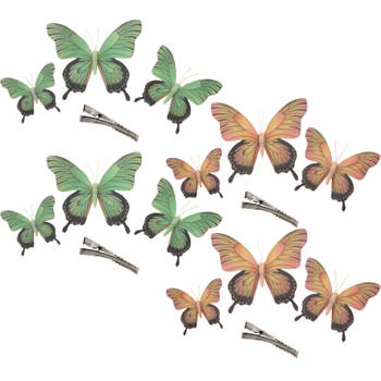 Othmar Decorations Decoratie vlinders op clip 12x stuks - groen/geel-roze - 12/16/20 cm - Hobbydecoratieobject