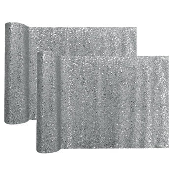 Santex Kerst tafelloper op rol - 2x - zilver glitter - 28 x 300 cm - polyester - Tafellakens