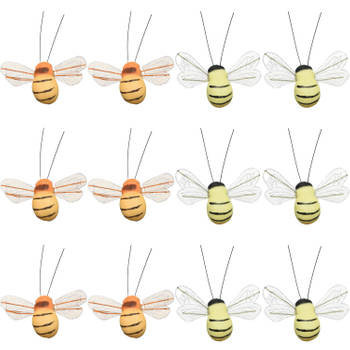 Paasdecoratie 12x stuks bijen op clip - 3 x 7 cm - foam - oranje - Feestdecoratievoorwerp