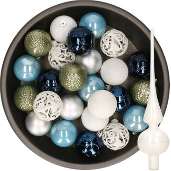 37x stuks kunststof kerstballen 6 cm incl. glazen piek blauw-wit-zilver-groen - Kerstbal