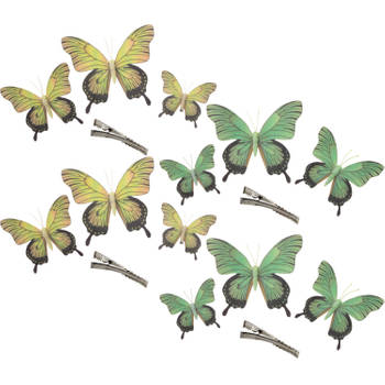 Othmar Decorations Decoratie vlinders op clip 12x stuks - geel/groen - 12/16/20 cm - Hobbydecoratieobject