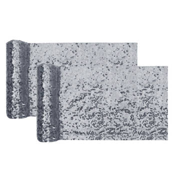 Santex Kerst tafelloper op rol - 2x - polyester - zilver pailletten - 19 x 300 cm - Tafellakens